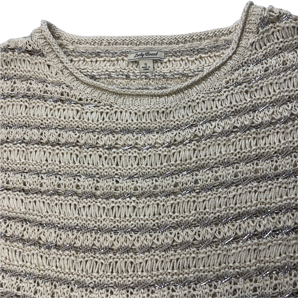 Lucky Brand Womens Sweater Tan Metallic Open Heavy Knit Top Tan 3/4 Sleeve S/S - Picture 3 of 11